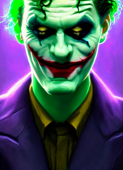 Prompt: portrait of neil cicierega as the joker, green hair, intricate, elegant, glowing lights, highly detailed, digital painting, artstation, concept art, sharp focus, illustration, art by wlop, mars ravelo and greg rutkowski