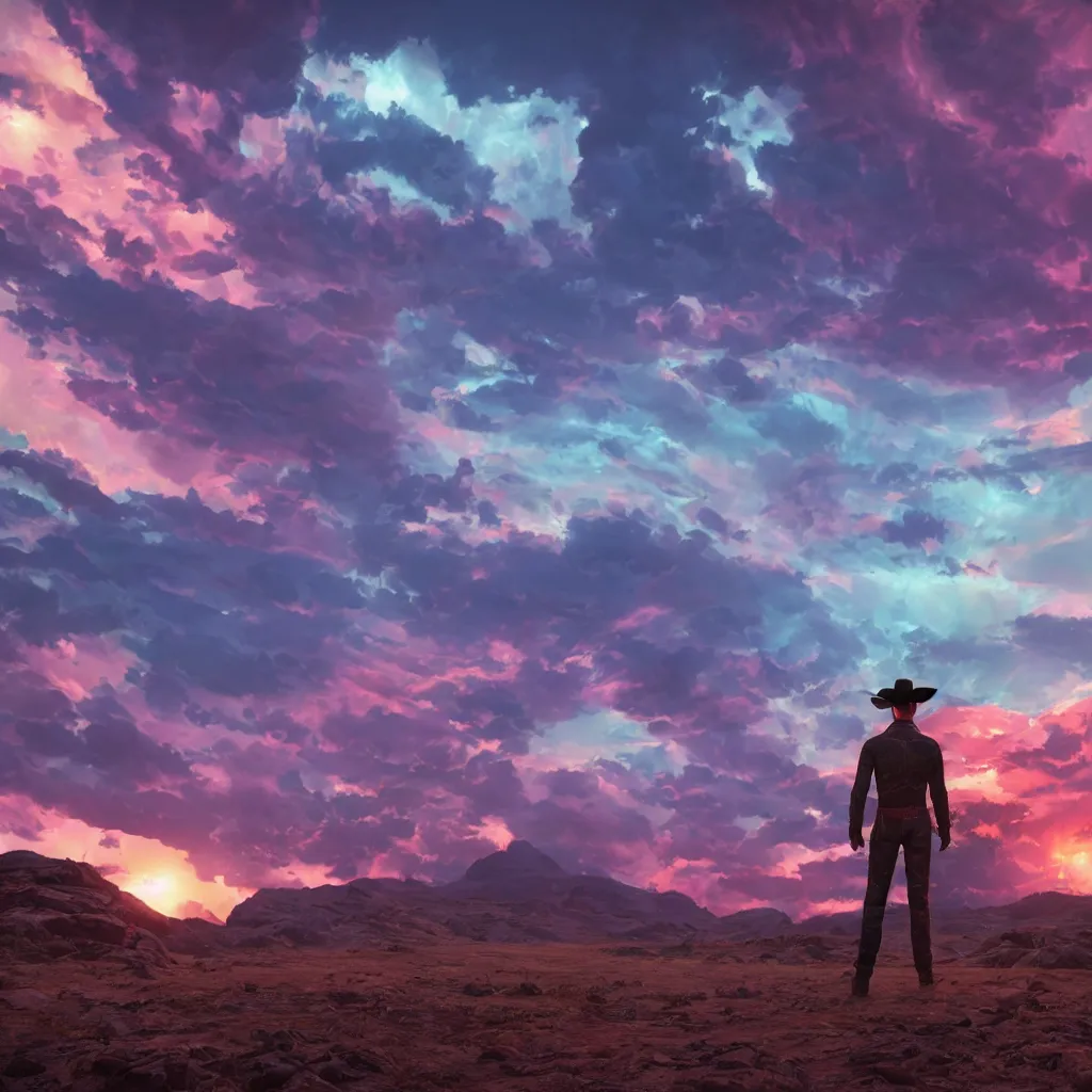 Prompt: octane render by laurie greasley and asher brown durand, a cowboy wearing a full - body iridescent suit and cowboy hat inside a scenic western landscape with colorful clouds, cinema 4 d, 8 k, volumetric lighting and shadows