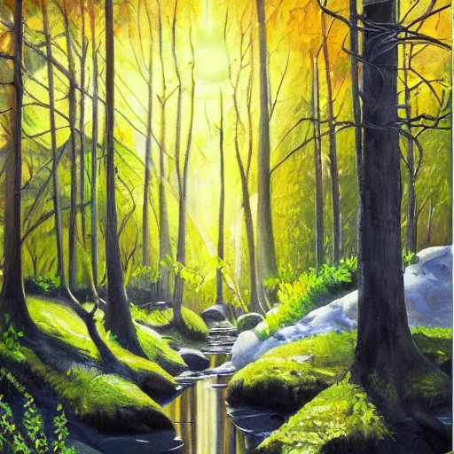 Image similar to an emotional painting of a morning in the woods by a creek with sun shining through the trees, oil painting