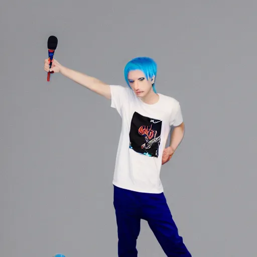 Prompt: a portrait of a teenager with cyan colored hair, white t - shirt with a no symbol on it, blue long pants and red shoes, holding a microphone, studio lighting, photoshoot, grey backdrop