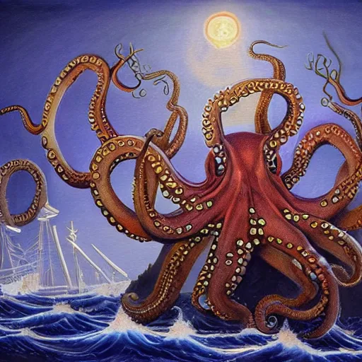 Prompt: The octopus is a captain and steers the ship, highly detailed, fantasy art