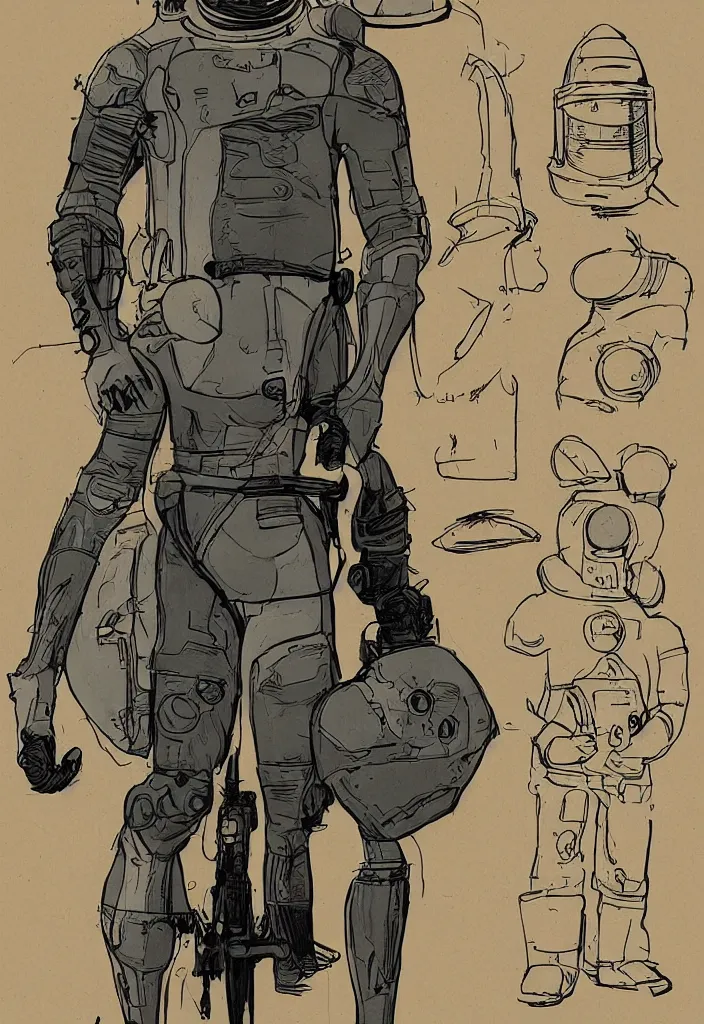 Image similar to male, heroic figure, space suit with a modern helmet, science fiction, sketch, character sheet, very stylized, digital art, illustration on kraft paper, pen and ink, digital painting, by mike mignola, by alex maleev