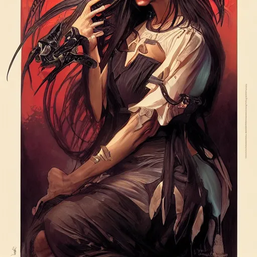 Image similar to Demon Knight of Death, by Artgerm and Greg Rutkowski and Alphonse Mucha