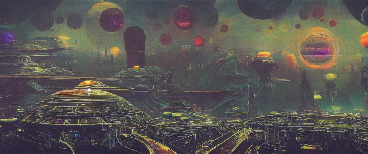 Image similar to a wide shot of a large distant hi-tech sci-fi Utopian spaceship, with a lot of bright color lights, bridges, turrets, pipes, orbiting a gas giant planet, beautiful, solarpunk, volumetric light, photography, color, intricate, extremely detailed, photorealistic, a painting by Beksinski