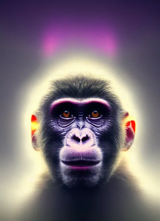 Prompt: an ethereal, misty portrait of a monkey whose face is accented with neon - toned glowing eyeliner. the makeup floats off his face and joins swirling clouds of smoke and fog, becoming an aurora. muted tones. surreal portrait, cinematic lighting, 8 k, smooth, sharp focus, digital painting, rendered in octane, painted by tom bagshaw, artgerm