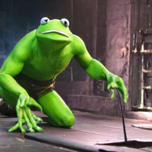 Prompt: a film still of kermit the frog as the hulk in the new avengers movie, realistic action movie, 4 k