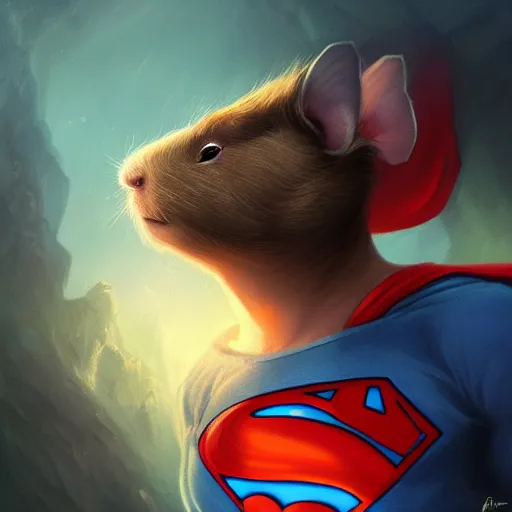 Prompt: cute little anthropomorphic Guinea Pig, dressed as Superman ultra wide lens shot , tiny, small, short, cute and adorable, pretty, beautiful, DnD character art portrait, matte fantasy painting, DeviantArt Artstation, by Jason Felix by Steve Argyle by Tyler Jacobson by Peter Mohrbacher, cinematic lighting