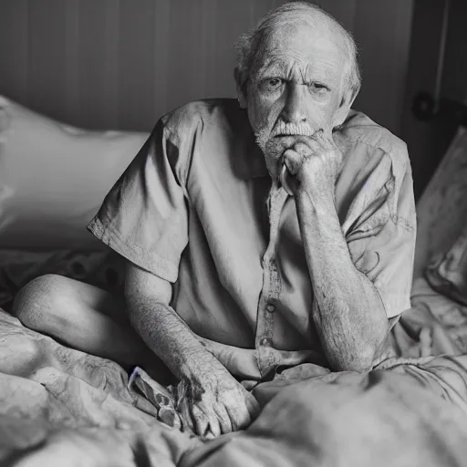 Image similar to black and white fashion photograph, highly detailed portrait of a depressed old man sitting on the edge of a messy bed, natural light, rain, mist, lomo, fashion photography, film grain, soft vignette, sigma 85mm f/1.4 1/10 sec shutter