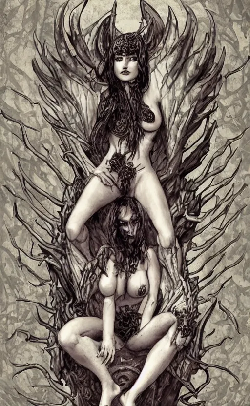 Image similar to a mesmerizing succubus sitting in a relaxed pose on her throne of bones in hell,