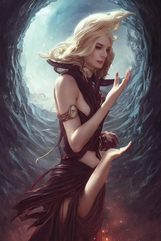 Image similar to seductive looking sorceress prays!!! magic the gathering, windy hair!, surreal dark fantasy, cinematic volumetric lights, portrait, dnd, intricate, elegant, highly detailed, digital painting, artstation, concept art, smooth, sharp focus, illustration, art by artgerm and tom bagshaw and greg rutkowski and alphonse mucha