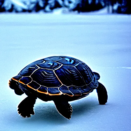 Prompt: a turtle with a black shell, walking on ice