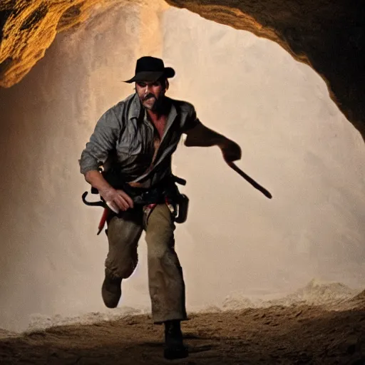 Image similar to indiana jones running away from a construction worker in a cave