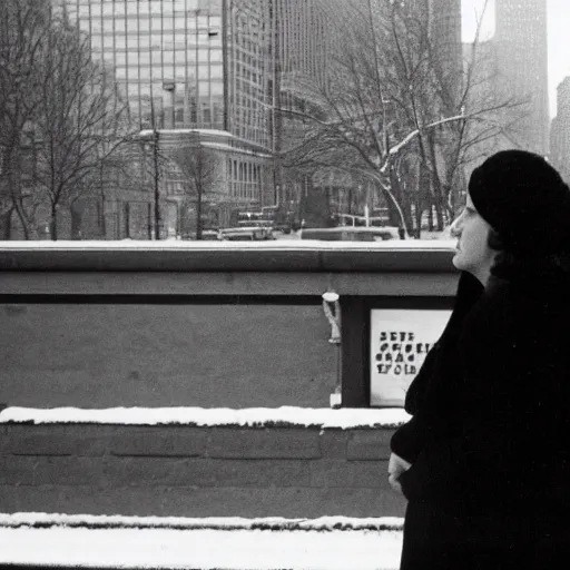 Prompt: a portrait of a woman looking off onto the streets, along with her wife, in january, 1 9 7 9. ( courtesy of the museum of american art )