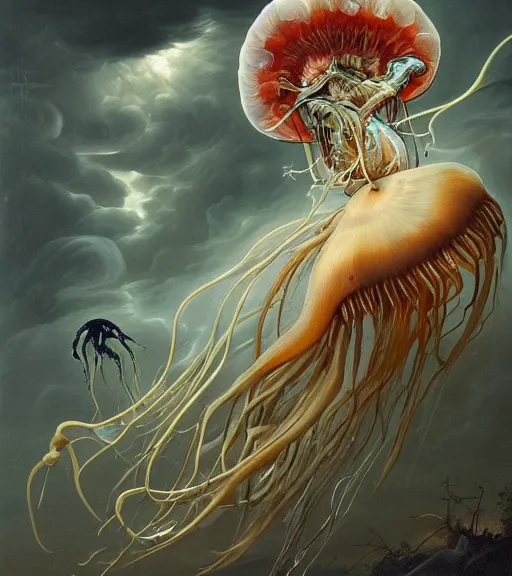 Prompt: an anatomical oil painting of a Harpy jellyfish from a medical journal by Peter Mohrbacher and Nychos, highly detailed, high detail, 8k, storm clouds, birds, dramatic lighting