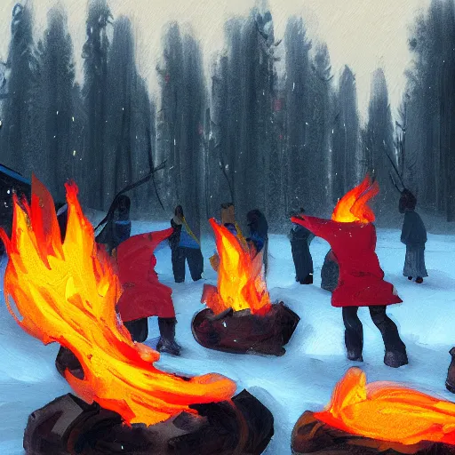 Image similar to a camp with tents on fire, burning down, shadows of 3 girls watching the camp burn, snow, painted by Sylvain Sarrailh