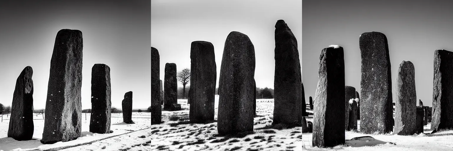 Prompt: a tintype photograph of tall dark robed human figures stand among the neolithic standing stones, black and white, grainy, snow, highly detailed, cinematic lighting, 8 k, hd