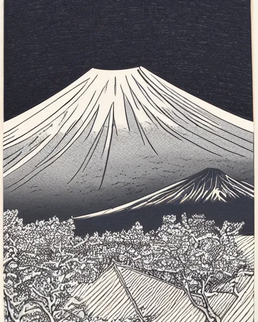 Image similar to an award winning Wood engraving on paper of Mount Fuji, HDR