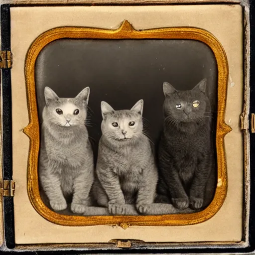 Image similar to daguerreotype of 3 cats in a trench coat