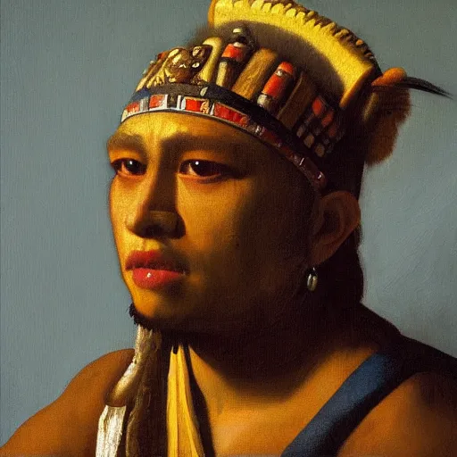 Prompt: high quality high detail painting by johannes vermeer, portrait of a mayan jaguar warrior, hd, photorealistic lighting