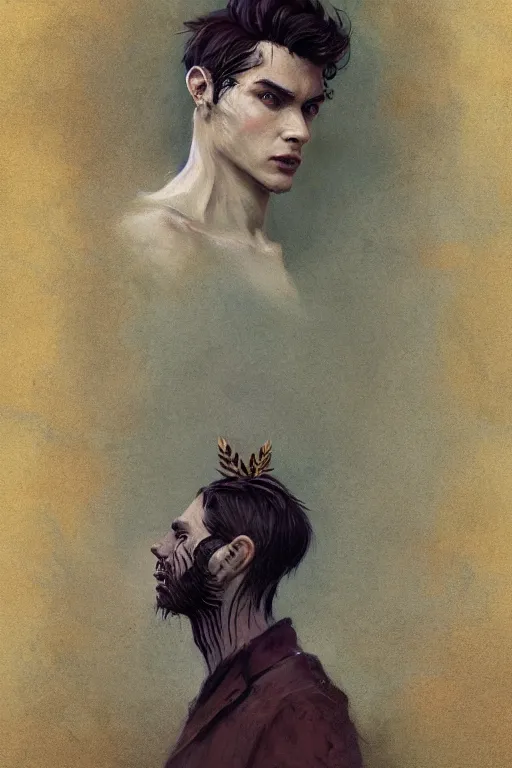 Image similar to a masculine elegant man from sideview and wearing golden laurel wreath, ethereal horror fantasy art by greg rutkowski and magali villanueve and monet con