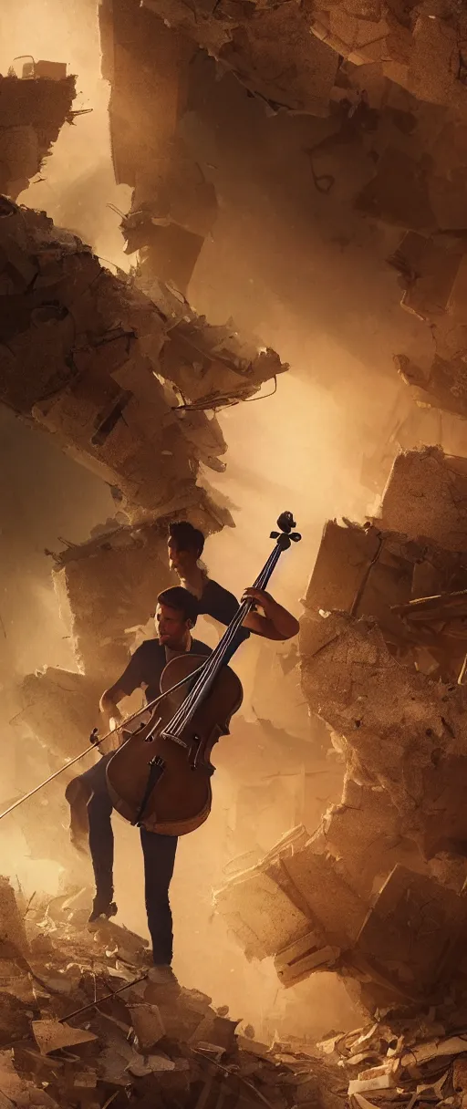 Prompt: a highly detailed portrait of a singular cellist playing in the rubble of a fallen building, beautifully lit, volumetric lighting, concept art, sharp focus, in the style of steve argyle, artstation HD, octane render