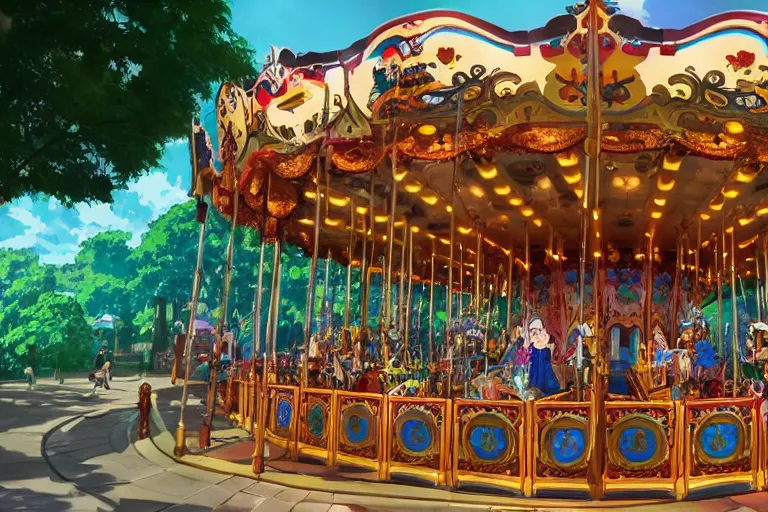 Image similar to wide angle shot of a fantasy carousel in the style of studio ghibli, makoto shinkai