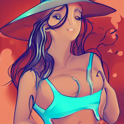 Prompt: witch in a bikini, digital art, smiling, flirting, eye contact, long shot
