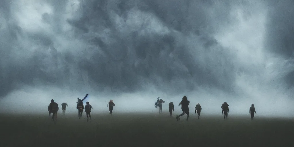 Prompt: A hiking group running away from a giant black cloud, horror movie cinematic, rain stormy fog, terrifying nightmare