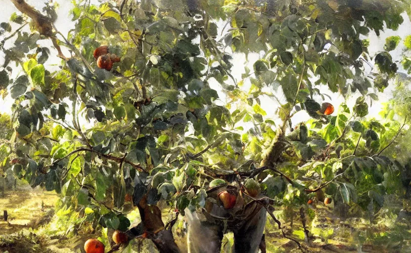 Image similar to oil painting lanscape by anders zorn, nature, fruit trees, very very very very beautiful art, dramatic light, complex robitics closeup, motorized robot