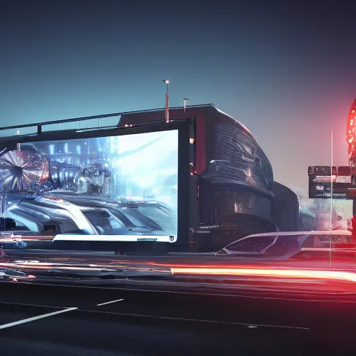 Image similar to sci-fi cars wall near structure on the coronation of napoleon painting and digital billboard in the middle, unreal engine 5, keyshot, octane, artstation trending, ultra high detail, ultra realistic, cinematic, 8k, 16k, in style of zaha hadid, in plastic, dark, tilt shift,