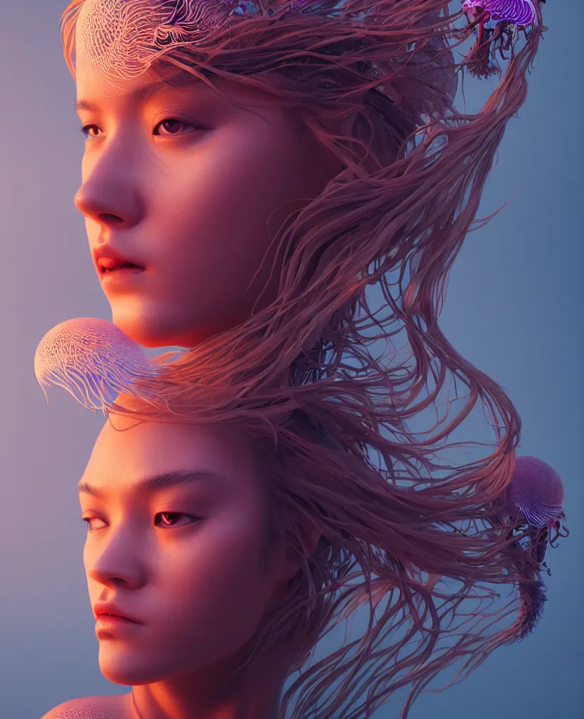 Image similar to goddess portrait. jellyfish phoenix head. intricate artwork by Tooth Wu and wlop and beeple. octane render, trending on artstation, greg rutkowski very coherent symmetrical artwork. cinematic, hyper realism, high detail, octane render, 8k