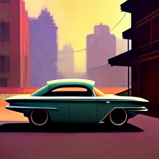 Image similar to a cinematic matte painting of a boxy 1 9 6 0 s retro - futurism sci - fi car with solar panels on roof and doors in a cluttered garage in mumbai. by edward hopper, glennray tutor and greg rutkowski. trending on artstation.