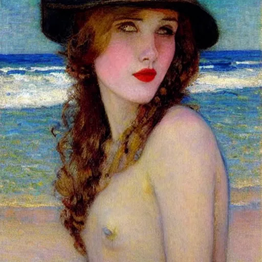 Prompt: painting of a young woman with a hat on at a beach by Guy Rose and Geroges Clarin, high quality, highly detailed, Romanticism, 1900s, oil painting, coherent