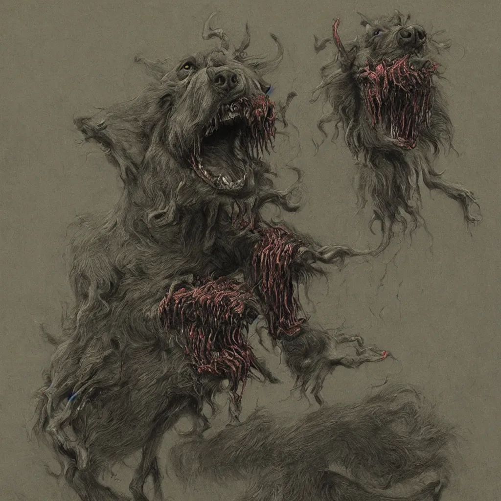 Prompt: horrifying and demonic dog with fangs, in the style of zdislaw beksinski