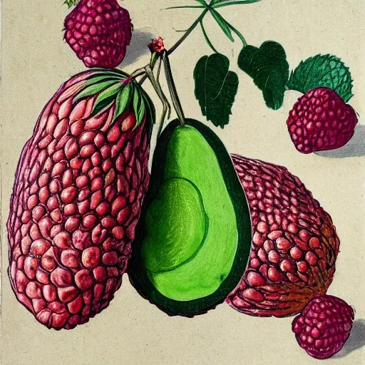 Prompt: an avocado and a raspberry watching the world on burn with fire, done in the style of old botanical illustrations, matisse, caravaggio, basquiat, japanese art, 4 k