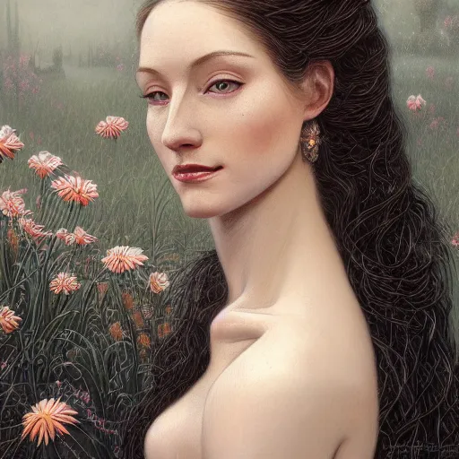 Image similar to facial portrait of a young pretty woman in flowing dress, arrogant, mysterious, long fine flowing hair, delicate, looking at camera, slightly awkward smile, realistic face, hands behind back, intricate, stylish, elegant, grimdark fantasy, flowers, extremely detailed painting inspired by Gerald Brom and Ernst Haeckel and Greg Rutkowski