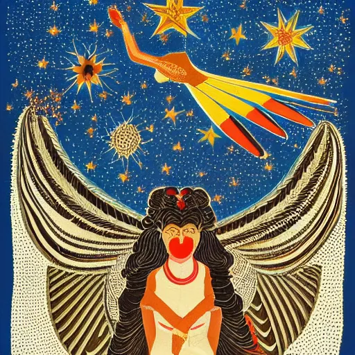 Image similar to perspective pointillism, manichaean artwork by frank stella, by ravi zupa. a experimental art of a woman with wings made of stars, surrounded by a blue & white night sky. the woman is holding a staff in one hand, & a star in the other. she is wearing a billowing dress, & her hair is blowing in the wind.