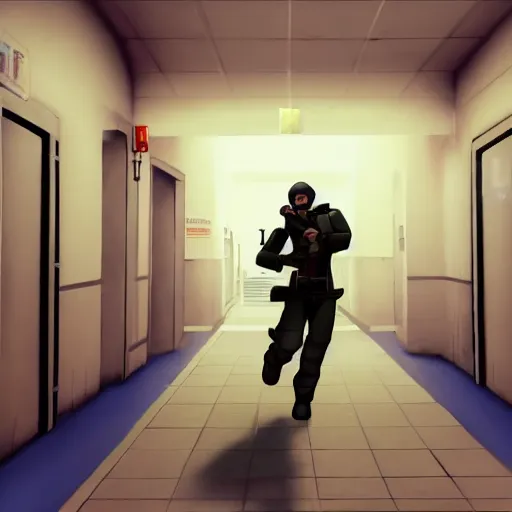 Prompt: the medic from TF2 running in an hospital corridor