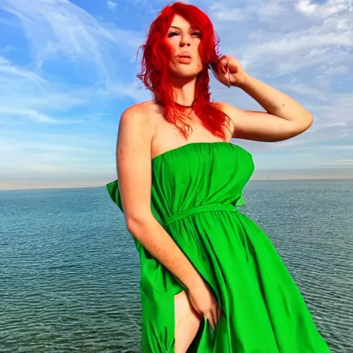 Image similar to beautiful green eyed goddess with red hair and fair skin wearing a thin green strapless sundress blowing in the wind on a sunny day