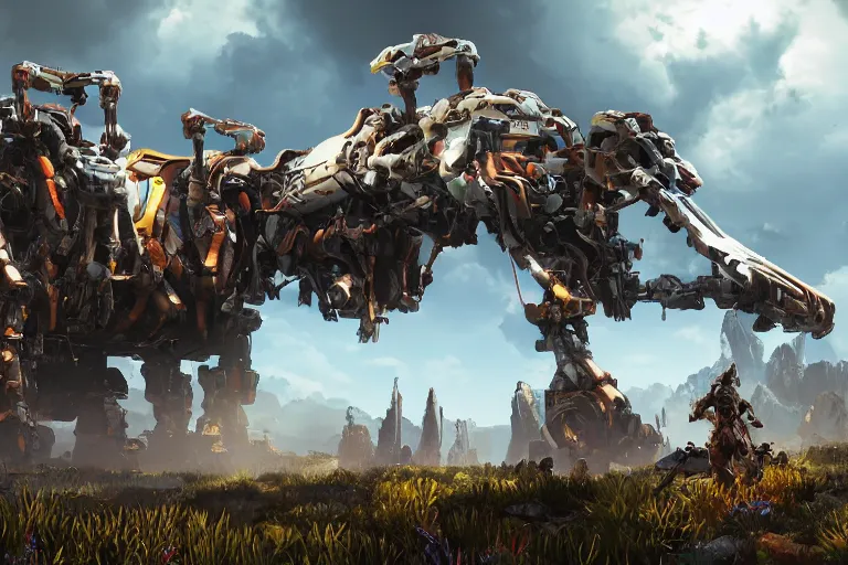 Image similar to thunderjaw machine mecha animal beast robot of horizon forbidden west horizon zero dawn bioluminiscence global illumination ray tracing hdr fanart arstation by sung choi and eric pfeiffer and gabriel garza and casper konefal