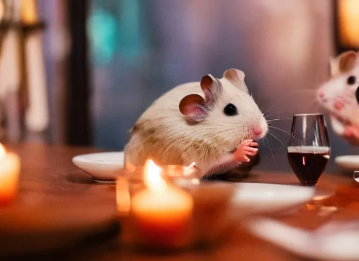 Image similar to photo of a hamsters on a date, drinking red wine, at night, faded colors, candlelit restaurant table, various poses, soft light, centered, sharp focus, 8 k