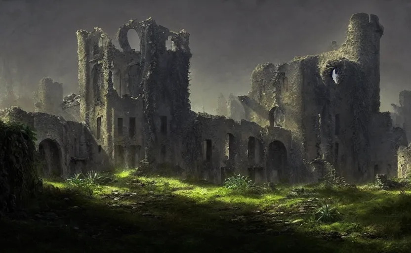 Prompt: ruins of an old castle covered by plants with moody and cinematic lighting by greg ruthkowski and craig mullins and caspar david friedrich, cinematic and atmospheric, concept art, artstation, trending on artstation