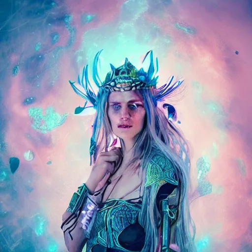 Prompt: viking goddess portrait tribal princess , on a battlefield, high tech, cyberpunk, dystopian, jellyfish phoenix dragon, butterfly squid, burning halo, intricate artwork by Conrad Roset and Brooke Shaden, very coherent symmetrical artwork, cinematic, hyper realism, high detail, octane render, unreal engine, 8k, Vibrant colors, Smooth gradients, High contrast, depth of field,