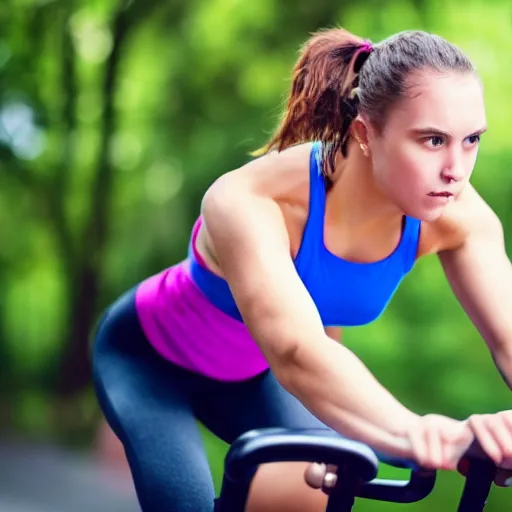 Image similar to an extreme close-up of a young woman exercising, award winning photo, very detailed, 8k cinematic, beautiful lighting effects