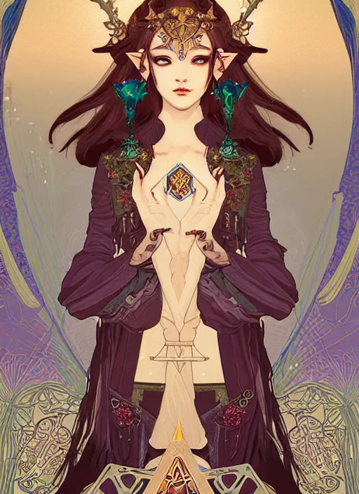 Image similar to the Empress tarot card art nouveau beautiful full body dark fantasy Legend of Zelda breath of the wild, blackpink lisa+smoky eyes+front face with light flowing hair, ultradetail face, art and illustration by CASIMIR ART and tian zi and craig mullins and Ayami Kojima and WLOP and alphonse mucha, fantasy, intricate complexity, human structure, human anatomy, fantasy character concept, watermark, blurry, hyperrealism 8k