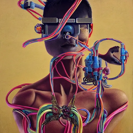 Prompt: Tristan Eaton & Greg Rutkowski, award winning masterpiece with incredible details, Zhang Kechun, a surreal vaporwave vaporwave vaporwave vaporwave vaporwave painting by Thomas Cole of an old pink mannequin head wearing VR goggles with cables and wires coming out of it's neck, highly detailed