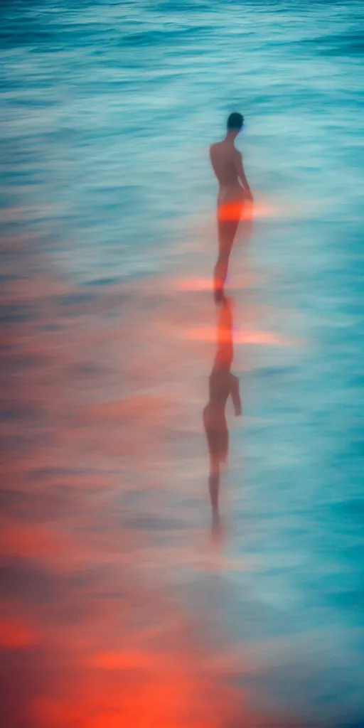 Image similar to a blurry closeup picture of abstract gorgeous human bodies in ocean, body parts, torso, macro photography, long exposure photograph, surrealism, anamorphic bokeh, orange and cyan lighting, cinematic