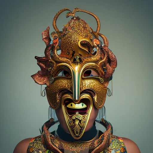 Image similar to an elaborate intricate mask in a tornado, rendered in octane, behance hd, bokeh backdrop