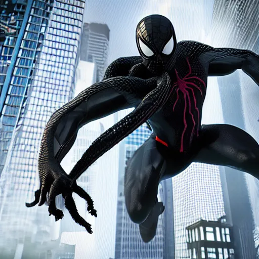 Image similar to a single venom and spider - man hybrid, dslr, cinematic, volumetric lighting, 8 k resolution, photorealistic