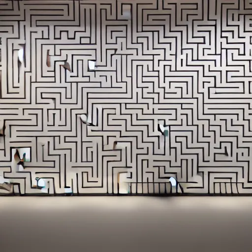Prompt: : goes maze pattern sculpture art on the wall in modern architecture studio high luxury, cinematic lighting, hyper - realistic, detailed, render by c 4 d octane, unreal engine, 8 k 3 d render